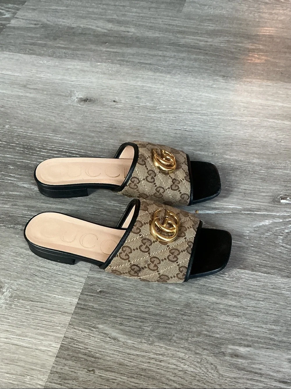 Authentic Gucci Beige Brown GG Canvas Slide Mules with Gold Double G - Picture 5 of 7